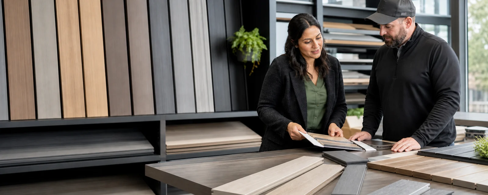 Decking supplier and contractor reviewing product samples in a modern showroom